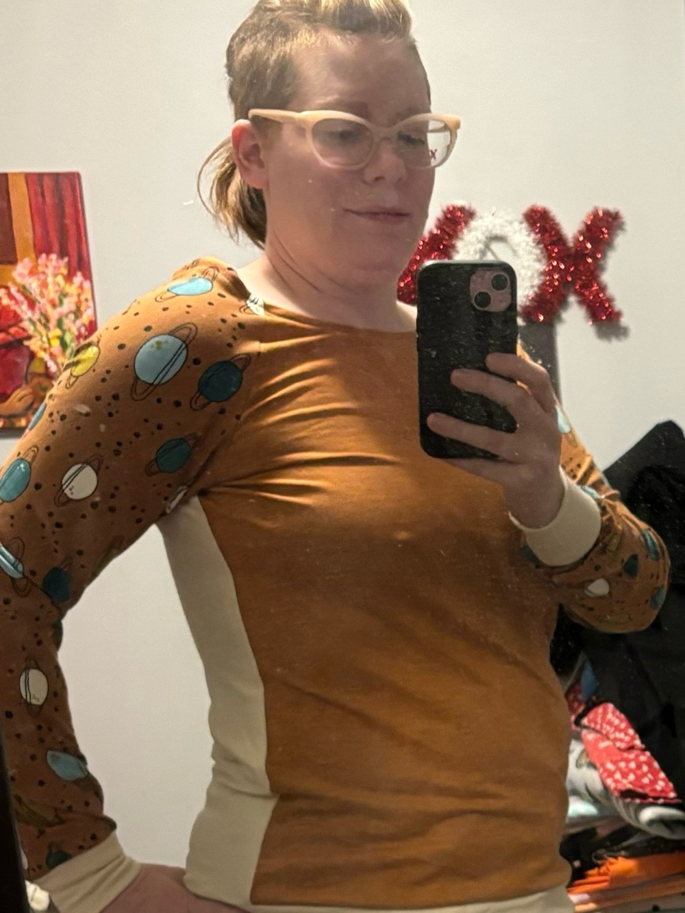 Women's Long Sleeve Crewneck Top in Brown with Planet Print Sleeves. Handmade